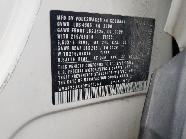 WVGAV3AX0DW561753 - 2013 VOLKSWAGEN TIGUAN S WHITE photo 13
