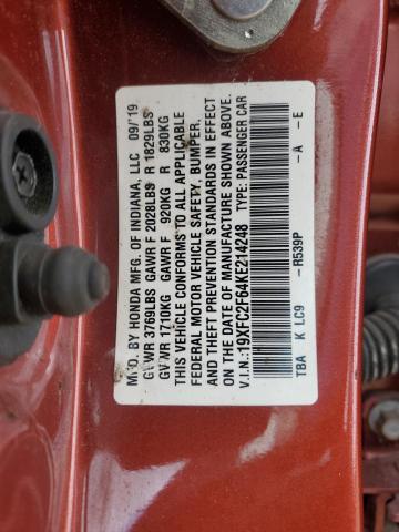 19XFC2F64KE214248 - 2019 HONDA CIVIC LX MAROON photo 12