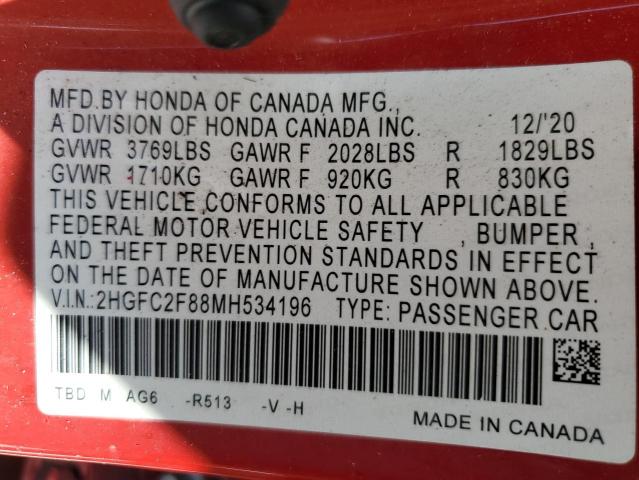 2HGFC2F88MH534196 - 2021 HONDA CIVIC SPORT Qırmızı foto 13