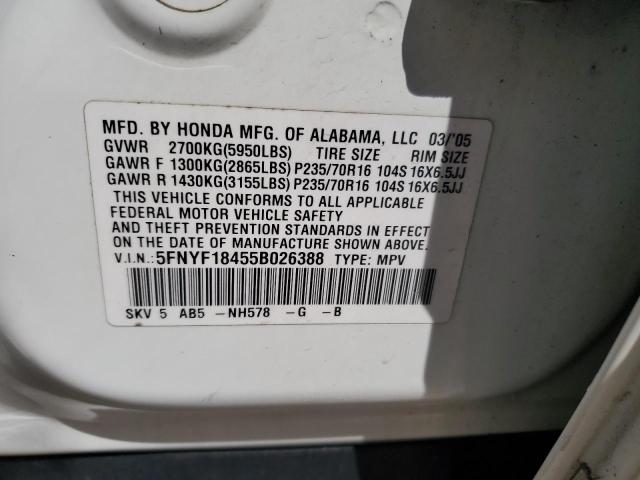 5FNYF18455B026388 - 2005 HONDA PILOT EX WHITE photo 13
