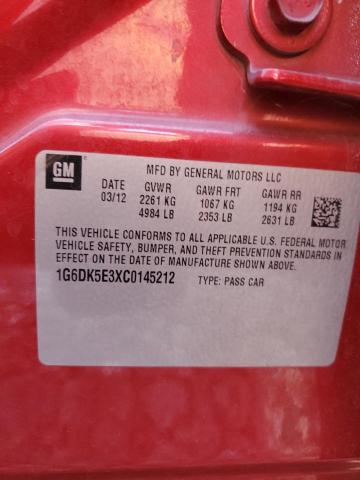 1G6DK5E3XC0145212 - 2012 CADILLAC CTS PERFORMANCE COLLECTION Красный фото 12