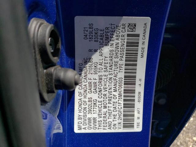2HGFC1F76MH706503 - 2021 HONDA CIVIC EXL ლურჯი ფოტო 12
