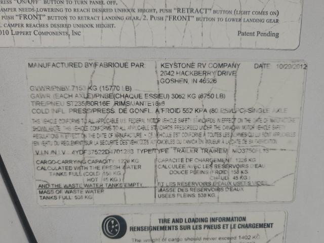 4YDF37522D4701283 - 2013 KEYSTONE MONTANA WHITE photo 10