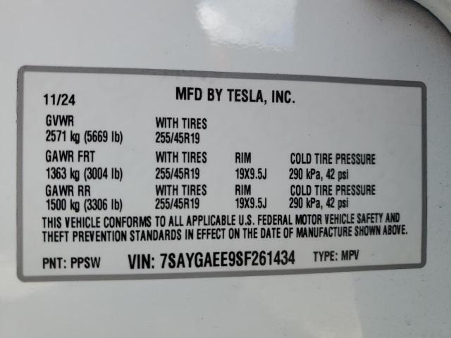7SAYGAEE9SF261434 - 2025 TESLA MODEL Y WHITE photo 12