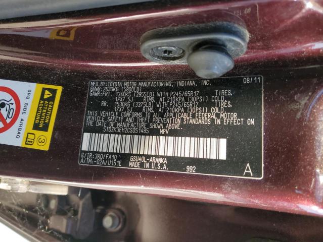 5TDZK3EH2CS051485 - 2012 TOYOTA HIGHLANDER BASE Burgund zdjęcie 13
