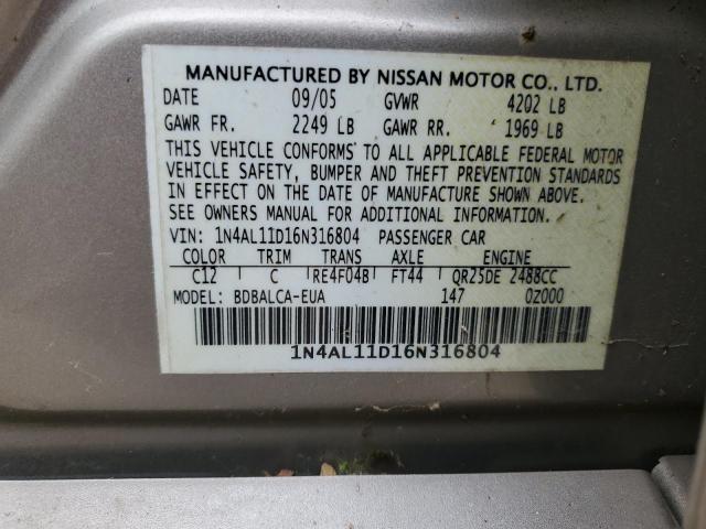 1N4AL11D16N316804 - 2006 NISSAN ALTIMA S BROWN photo 12