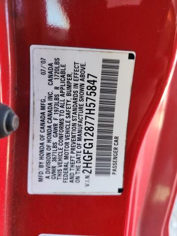 2HGFG12877H575847 - 2007 HONDA CIVIC EX RED photo 12