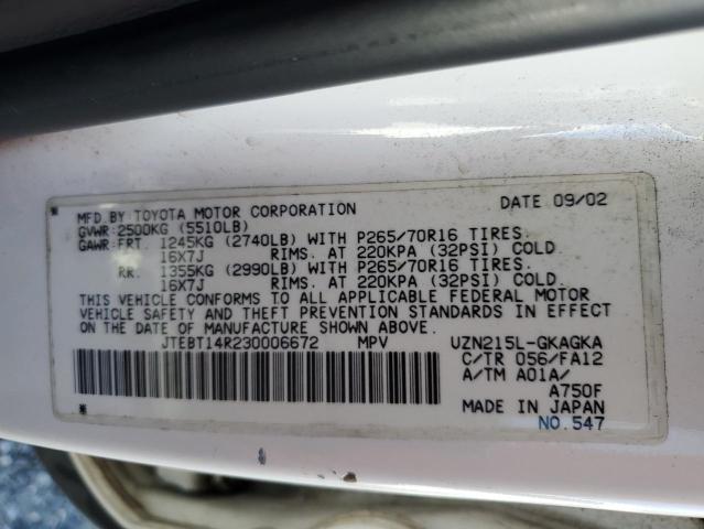 JTEBT14R230006672 - 2003 TOYOTA 4RUNNER SR5 თეთრი ფოტო 14