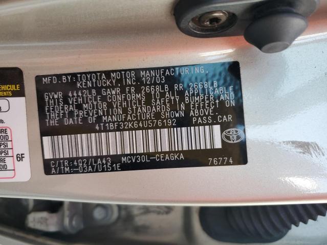 4T1BF32K64U576192 - 2004 TOYOTA CAMRY LE TAN photo 13