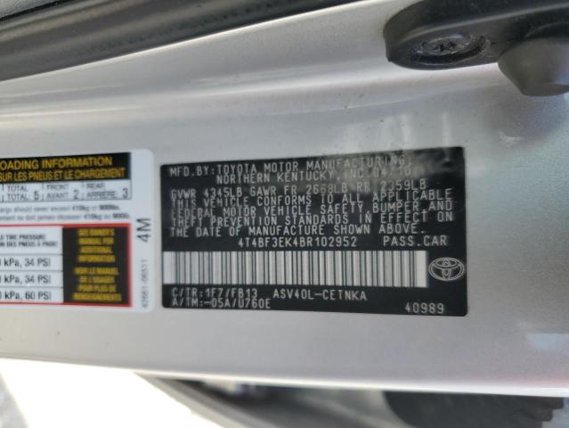 4T4BF3EK4BR102952 - 2011 TOYOTA CAMRY BASE Серебристый фото 12