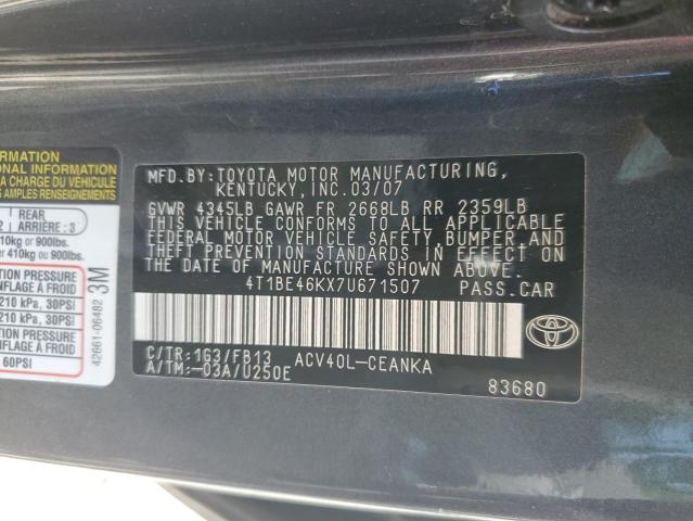 4T1BE46KX7U671507 - 2007 TOYOTA CAMRY CE 灰色 照片 12