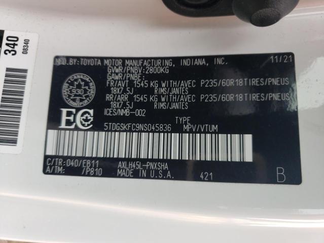 5TDGSKFC9NS045836 - 2022 TOYOTA SIENNA LE WHITE photo 13
