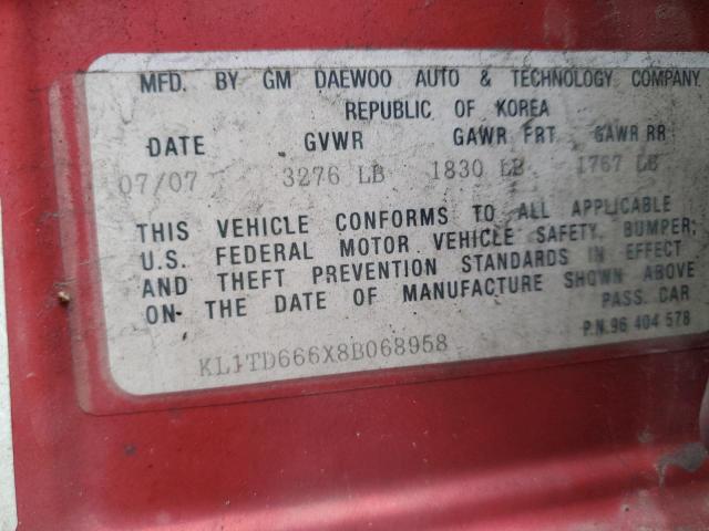 KL1TD666X8B068958 - 2008 CHEVROLET AVEO BASE RED photo 12