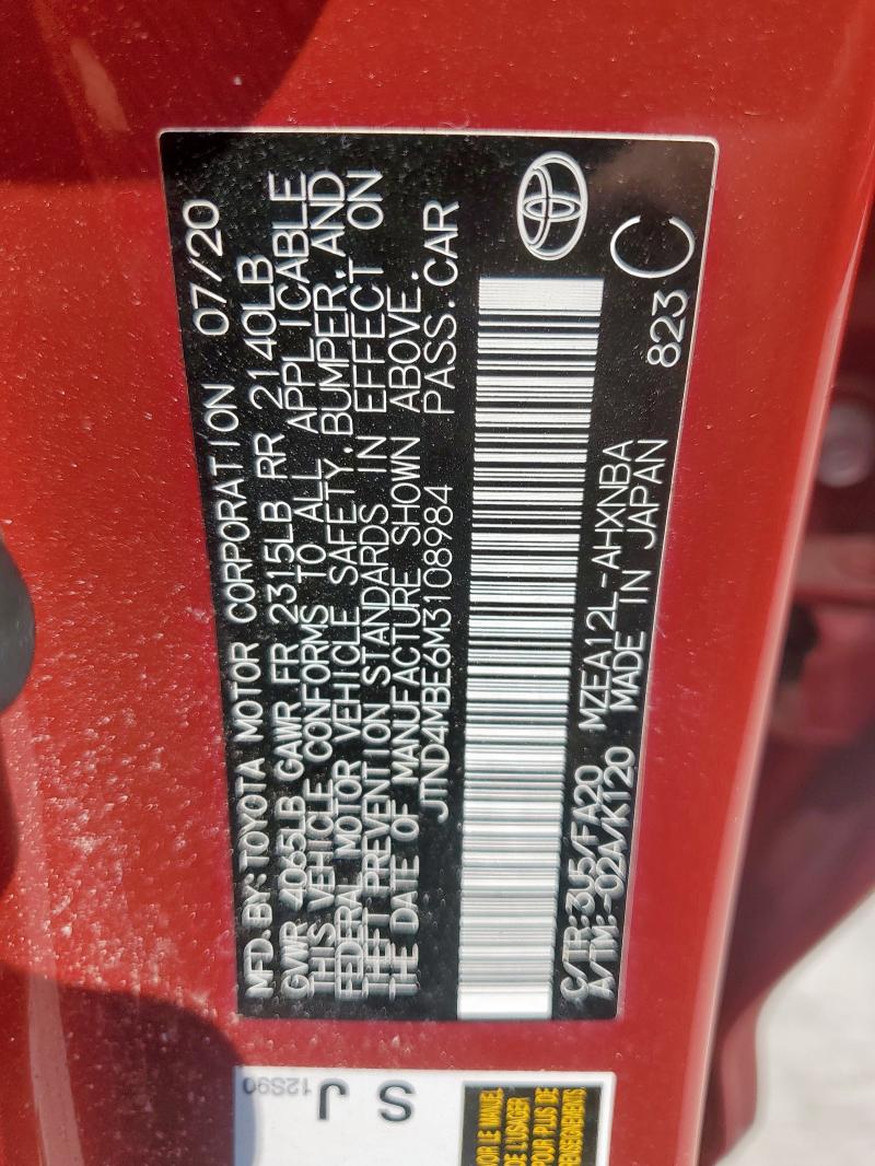 JTND4MBE6M3108984 - 2021 TOYOTA COROLLA SE RED photo 12