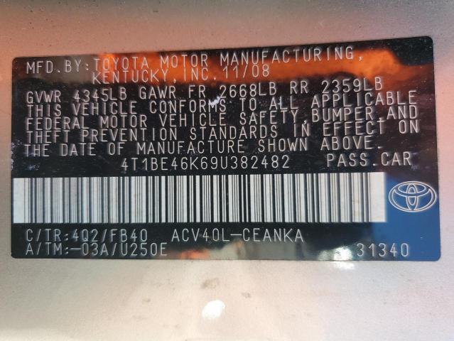 4T1BE46K69U382482 - 2009 TOYOTA CAMRY BASE TAN photo 12