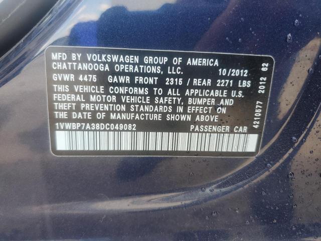 1VWBP7A38DC049082 - 2013 VOLKSWAGEN PASSAT SE ლურჯი ფოტო 12