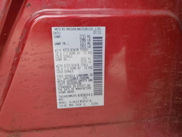 5N1AR2MM2FC688041 - 2015 NISSAN PATHFINDER S 红色 照片 12