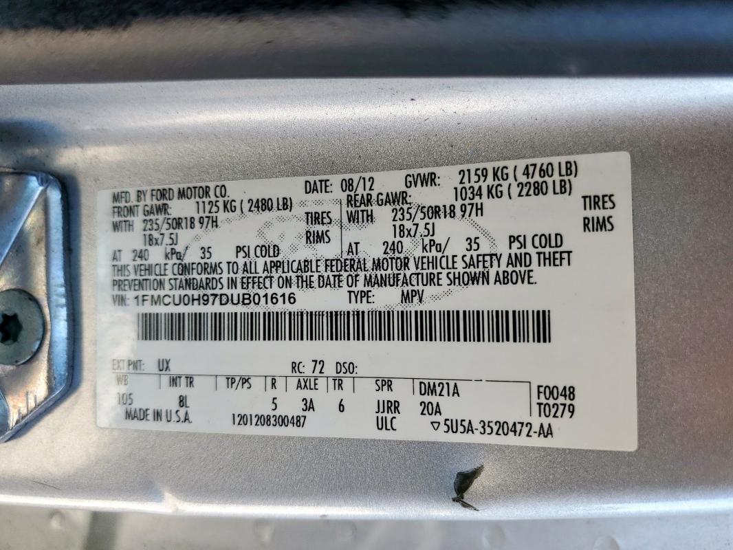 1FMCU0H97DUB01616 - 2013 FORD ESCAPE SEL SILVER photo 13