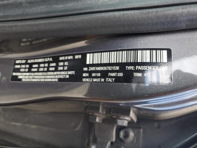 ZARFANBN3K7621536 - 2019 ALFA ROMEO GIULIA TI رمادي صورة 12