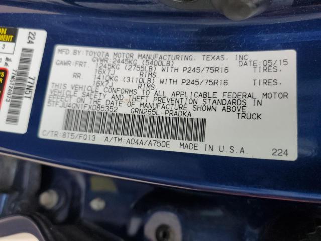5TFJU4GN1FX085352 - 2015 TOYOTA TACOMA DOUBLE CAB PRERUNNER BLUE photo 12