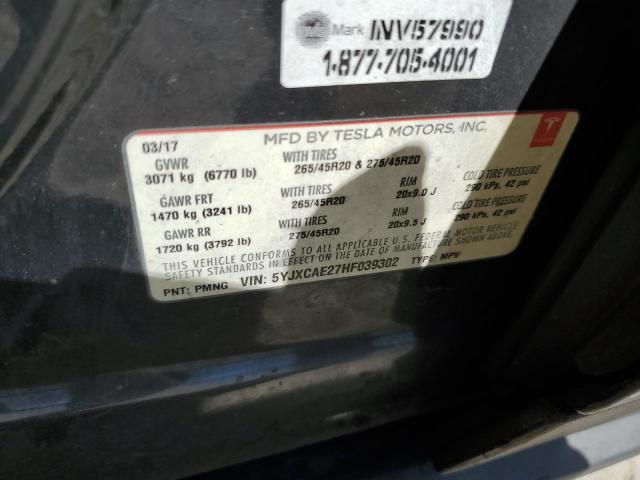 5YJXCAE27HF039302 - 2017 TESLA MODEL X ნაცრისფერი ფოტო 13