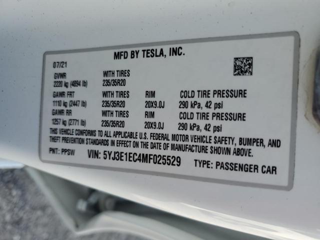 5YJ3E1EC4MF025529 - 2021 TESLA MODEL 3 WHITE photo 12