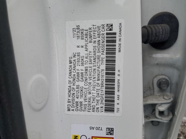 2HGFE1F78RH316178 - 2024 HONDA CIVIC EX WHITE photo 12