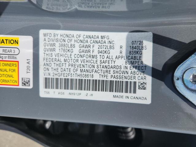 2HGFE2F51TH508618 - 2026 HONDA CIVIC SPORT 灰色 照片 12