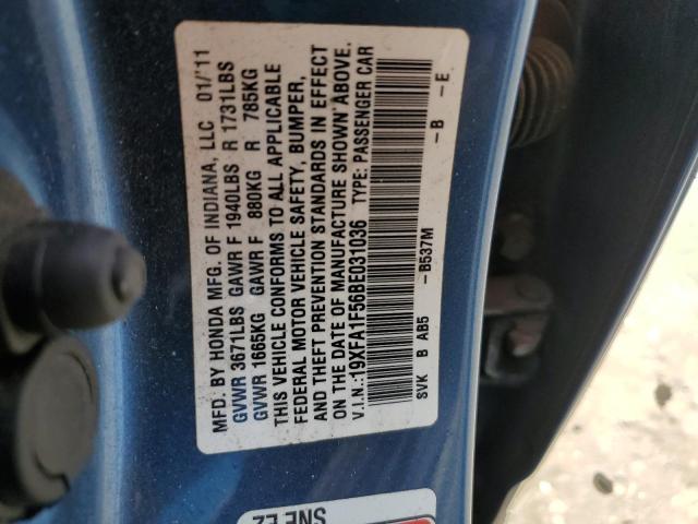 19XFA1F56BE031036 - 2011 HONDA CIVIC LX ლურჯი ფოტო 12