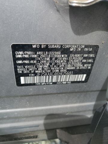JF2SKAAC4KH425681 - 2019 SUBARU FORESTER ვერცხლისფერი ფოტო 13