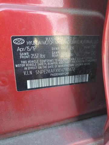5NPE24AFXKH790472 - 2019 HYUNDAI SONATA SE 红色 照片 12