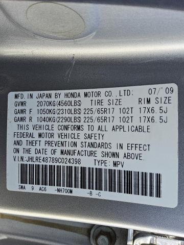JHLRE48789C024398 - 2009 HONDA CR-V EXL 银色 照片 12