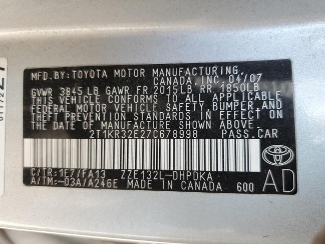 2T1KR32E27C678998 - 2007 TOYOTA COROLLA MA XR SILVER photo 12