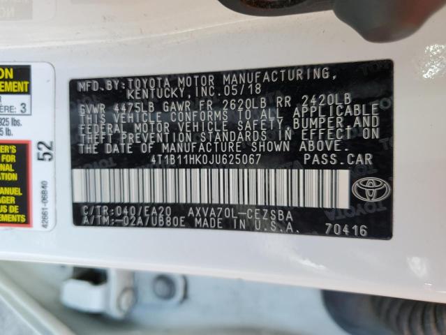 4T1B11HK0JU625067 - 2018 TOYOTA CAMRY L 白色 照片 12