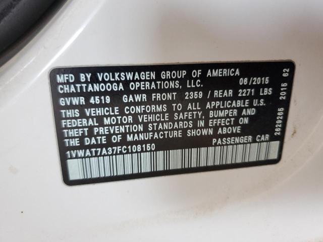 1VWAT7A37FC108150 - 2015 VOLKSWAGEN PASSAT S WHITE photo 12