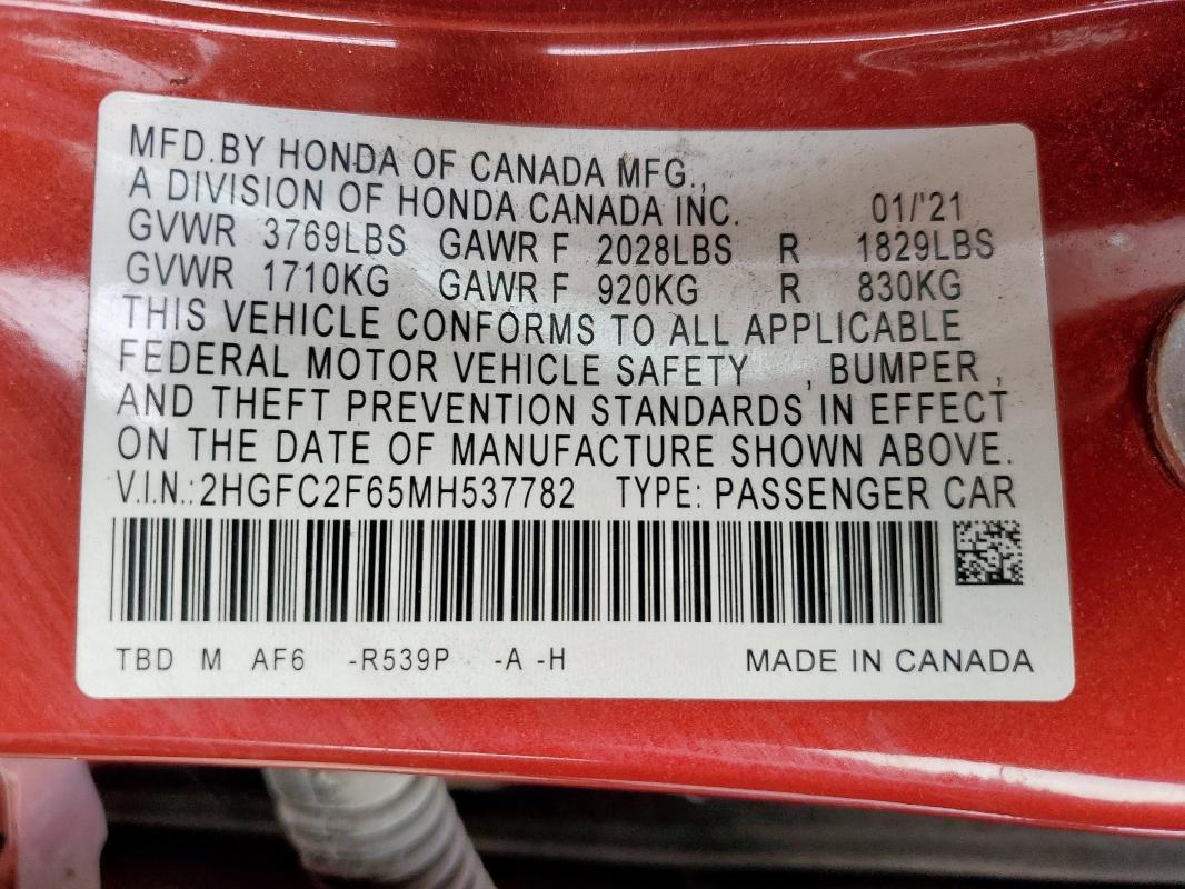 2HGFC2F65MH537782 - 2021 HONDA CIVIC LX წითელი ფოტო 12