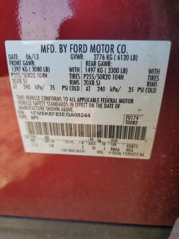 1FM5K8F83EGA08244 - 2014 FORD EXPLORER LIMITED RED photo 12