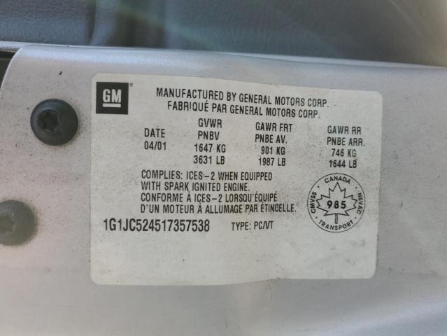 1G1JC524517357538 - 2001 CHEVROLET CAVALIER BASE SILVER photo 13