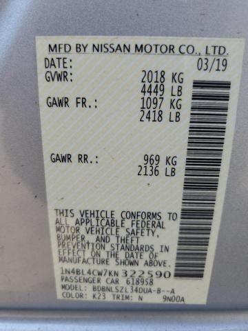 1N4BL4CW7KN322590 - 2019 NISSAN ALTIMA SR Արծաթագույն լուսանկար 12