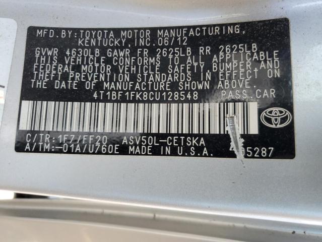 4T1BF1FK8CU128548 - 2012 TOYOTA CAMRY BASE Srebrny zdjęcie 12