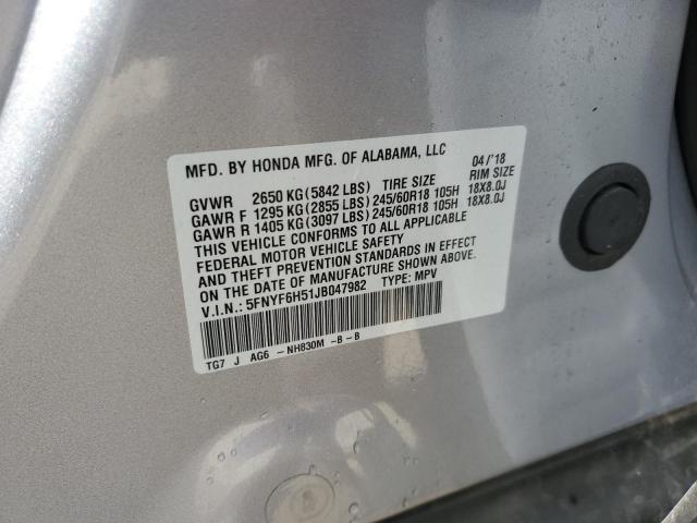 5FNYF6H51JB047982 - 2018 HONDA PILOT EXL Srebrny zdjęcie 13