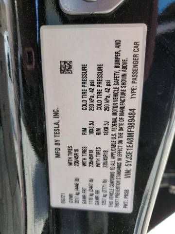 5YJ3E1EA8MF989484 - 2021 TESLA MODEL 3 BLACK photo 12