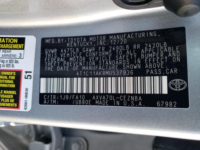 4T1C11AK8MU537936 - 2021 TOYOTA CAMRY LE SILVER photo 12