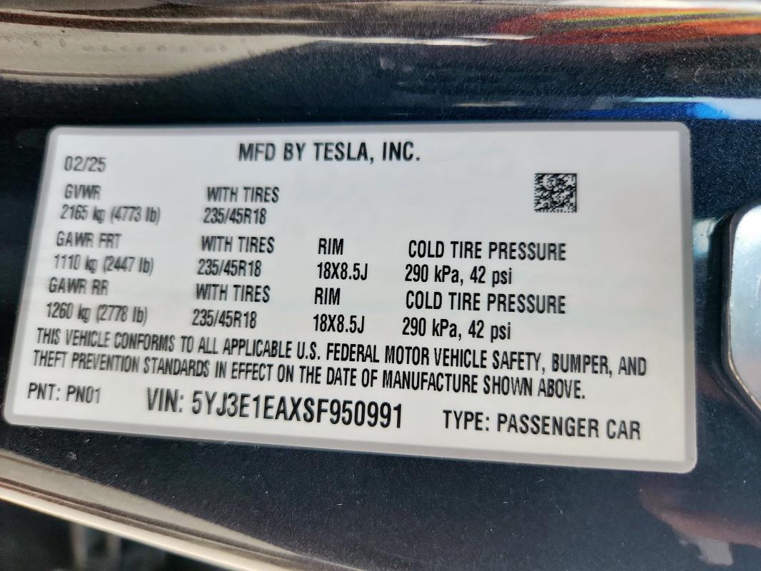 5YJ3E1EAXSF950991 - 2025 TESLA MODEL 3 GRAY photo 13
