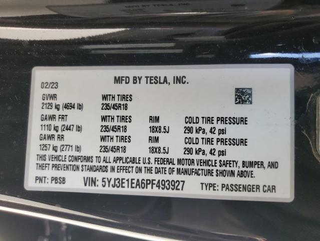 5YJ3E1EA6PF493927 - 2023 TESLA MODEL 3 BLACK photo 12