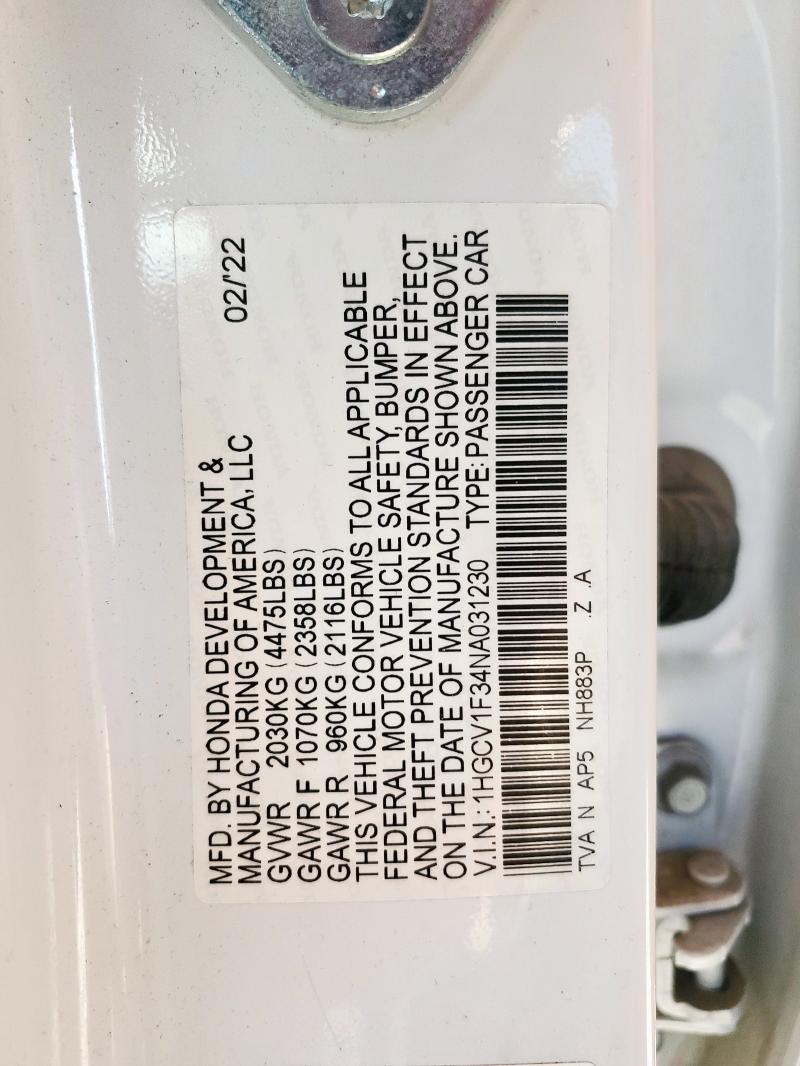 1HGCV1F34NA031230 - 2022 HONDA ACCORD SPORT WHITE photo 12