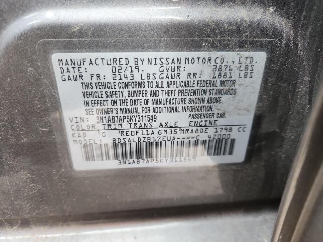 3N1AB7AP5KY311549 - 2019 NISSAN SENTRA S GRAY photo 13
