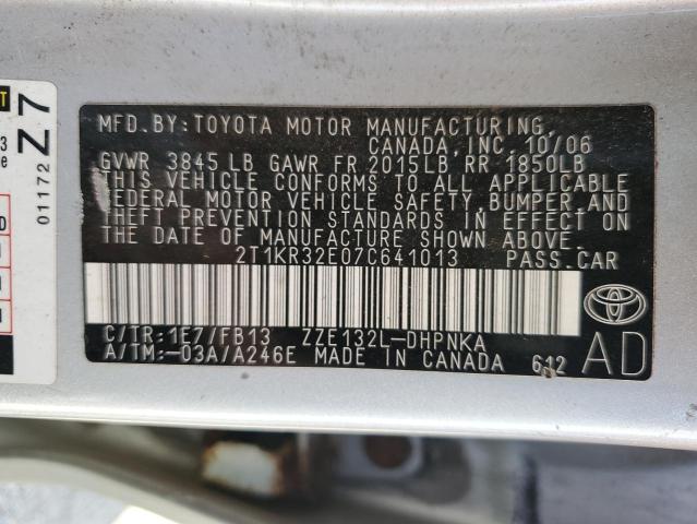2T1KR32E07C641013 - 2007 TOYOTA COROLLA MA XR SILVER photo 13