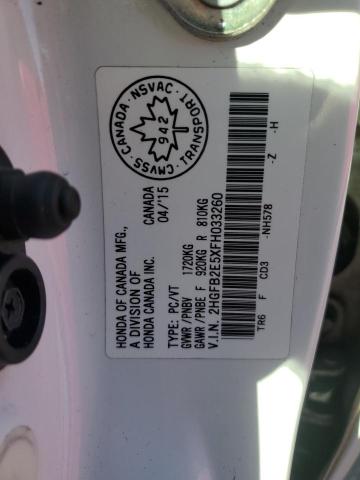 2HGFB2E5XFH033260 - 2015 HONDA CIVIC LX 白色 照片 12