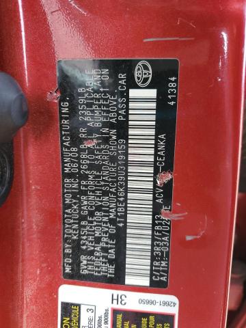 4T1BE46K39U319159 - 2009 TOYOTA CAMRY BASE 红色 照片 13